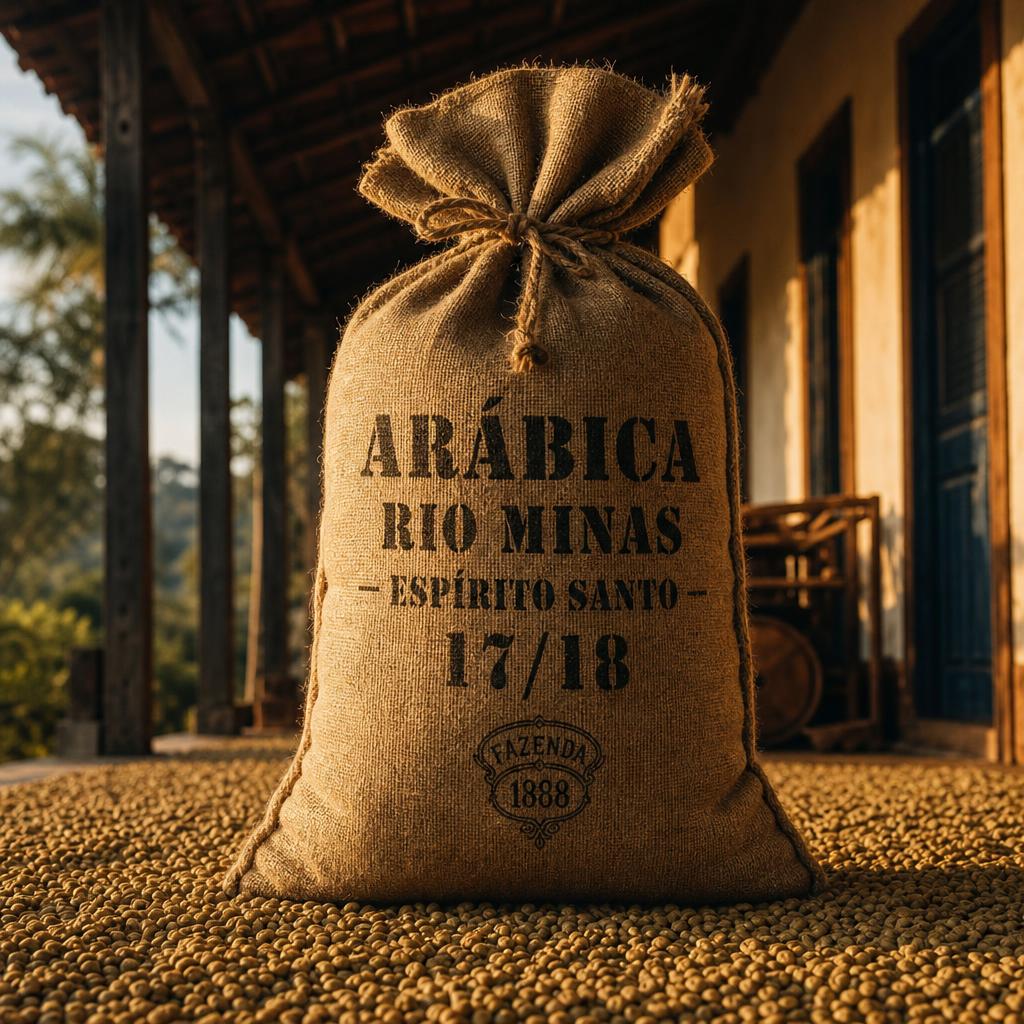Arábica Rio Minas Screen 17/18 coffee sack on drying patio