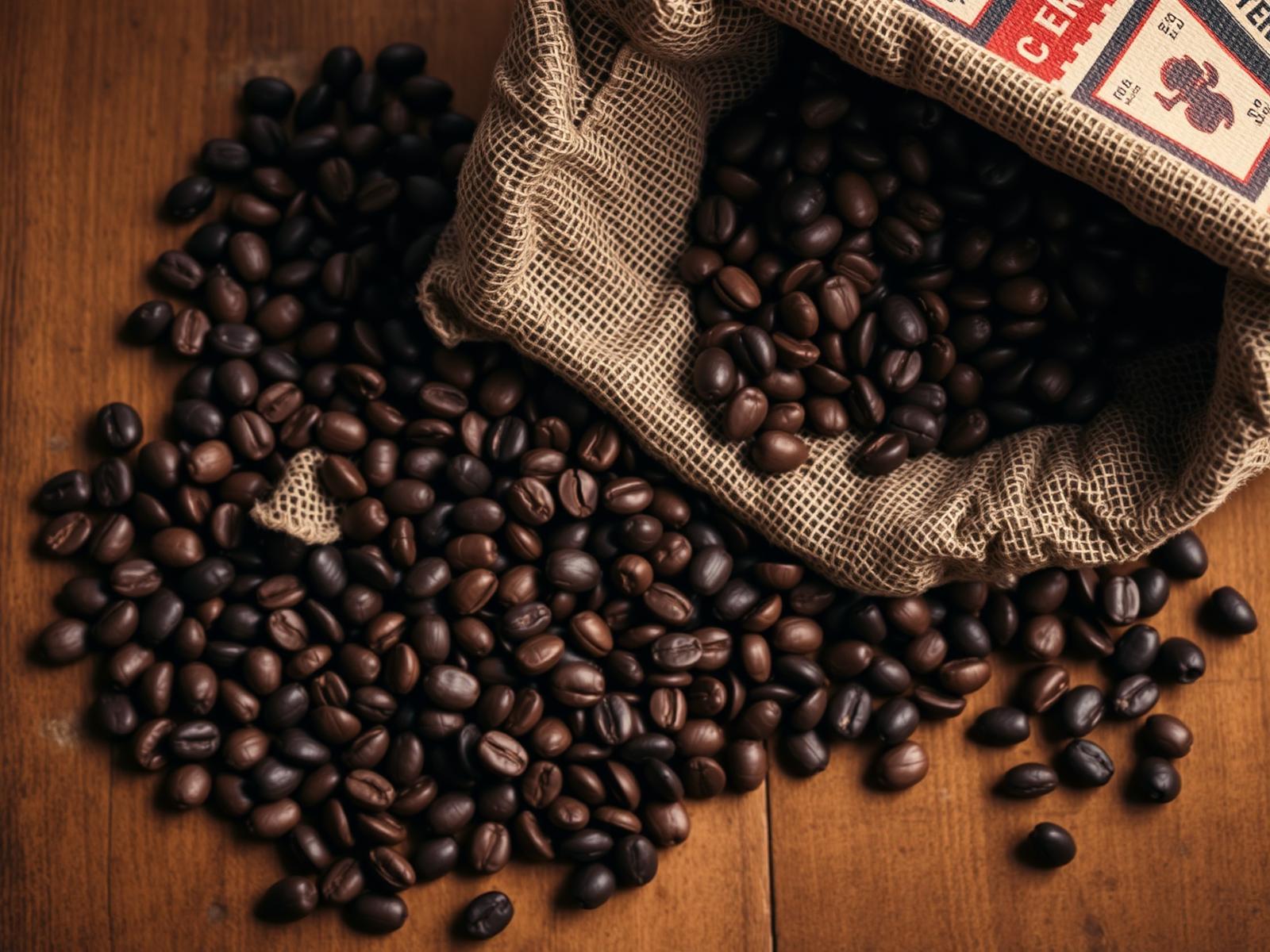 Freshly roasted coffee beans and a traditional coffee sack