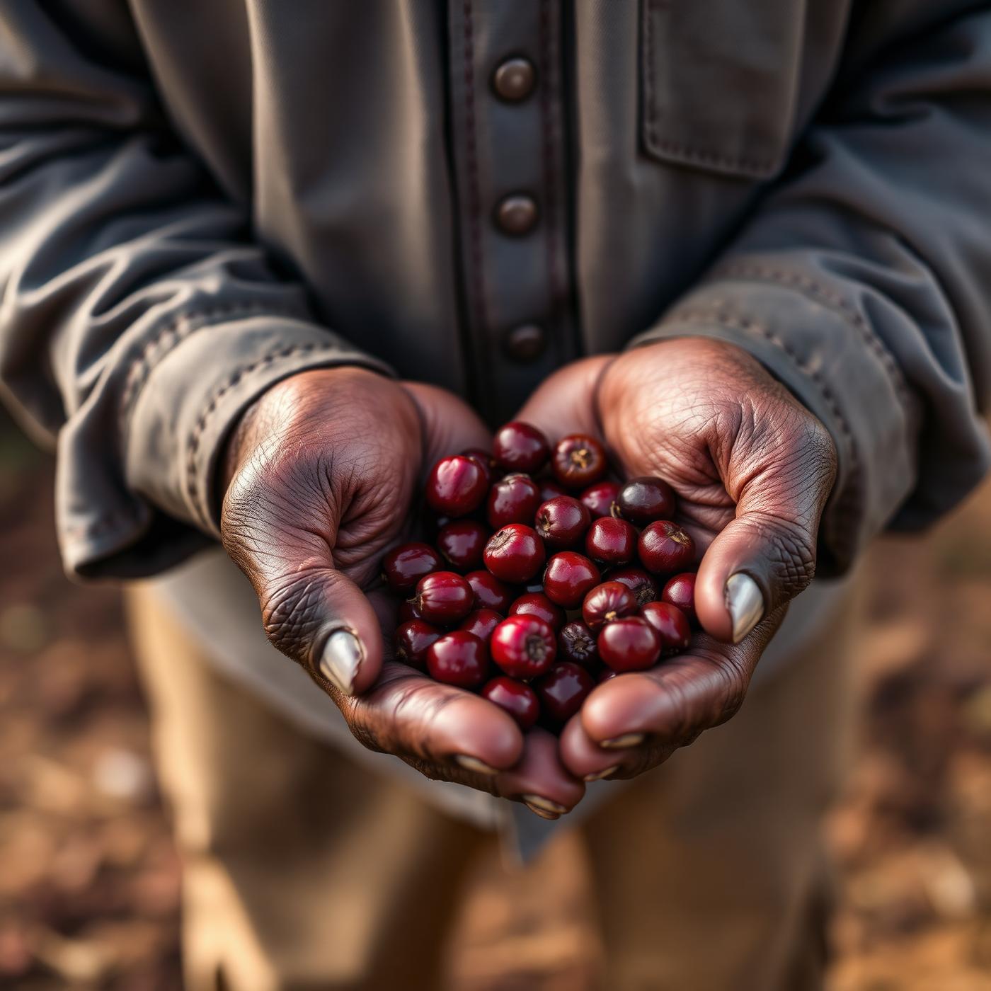 Brazilian coffee farmer holding fresh cherries